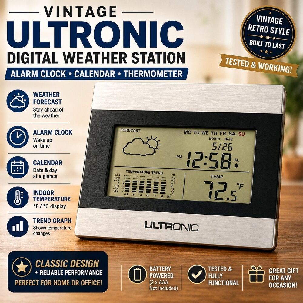 Vintage Ultronic Digital Weather Station Alarm Clock Calendar Thermometer Tested